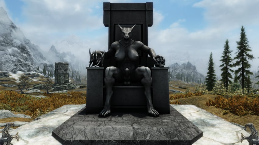 1futa 3d abs anthro big_balls big_breasts big_penis furry furry_only futa_only futanari huge_breasts huge_cock intersex muscular muscular_female outdoors self_upload sitting sitting_on_throne skull skyrim solo solo_futa standing statue trixter werewolf wolf