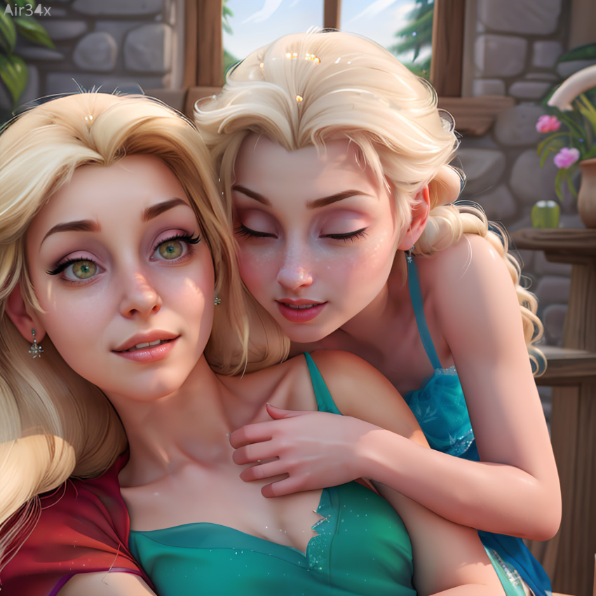 2girls ai_generated air34x blonde_hair clothed disney disney_princess elsa_(frozen) female female_only frozen_(film) green_eyes rapunzel tangled yuri