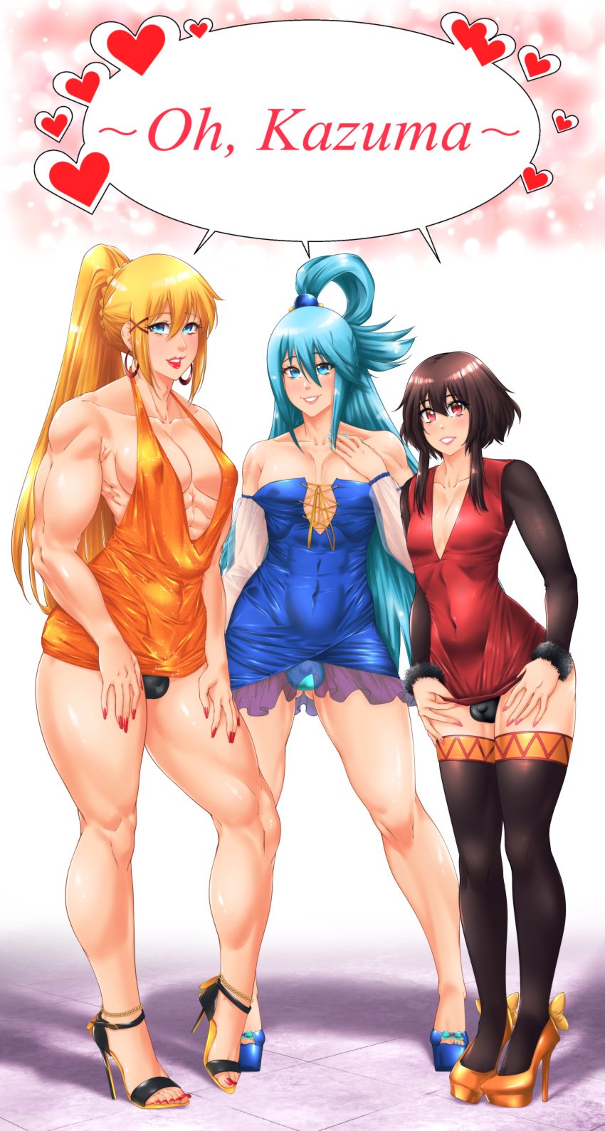 3boys aqua_(konosuba) blonde_hair blue_eyes blue_hair brown_hair bulge crossdressing darkness_(konosuba) dress earrings femboy femboy_on_male genderswap_(ftm) heels high_heels kono_subarashii_sekai_ni_shukufuku_wo! lipstick long_hair looking_at_viewer male male_only megumin multiple_boys platform_heels ponytail red_eyes red_lipstick red_nails red_toenails rule_63 satou_kazuma short_dress stockings suiren_ciao text white_background