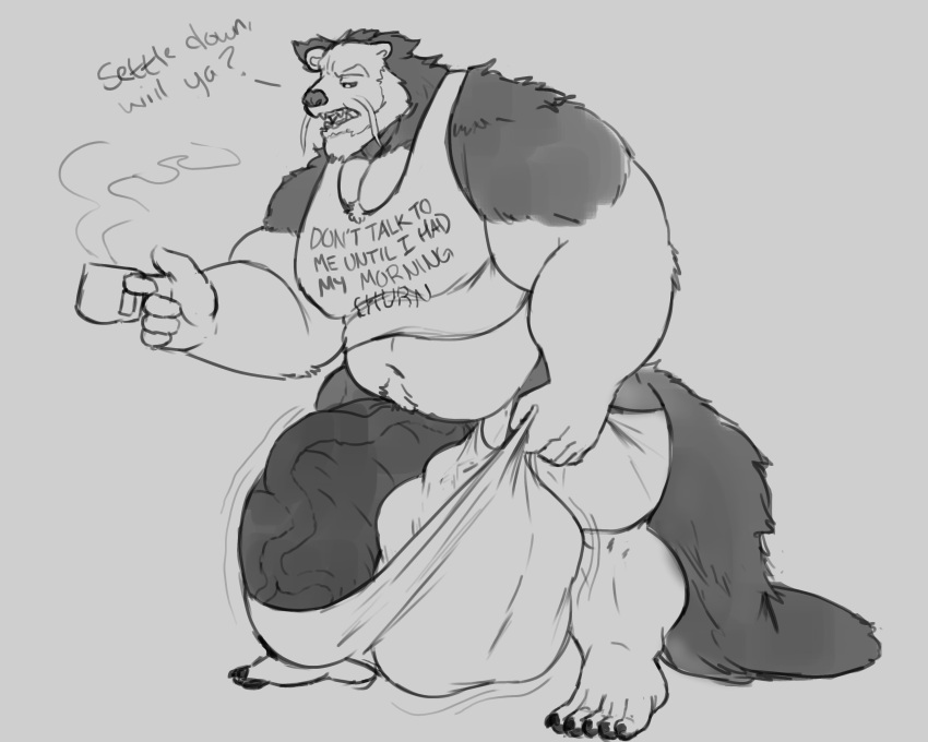 anthro ball_bulge balls beard belly big_balls big_muscles big_penis binturong cock_vore coffee coffee_mug dopplergayer furry furry_only huge_balls huge_cock hyper hyper_balls hyper_penis male male_only mammal musclegut muscles muscular muscular_male pants pants_pull penis shirt speech_bubble tail tank_top text vore whiskers