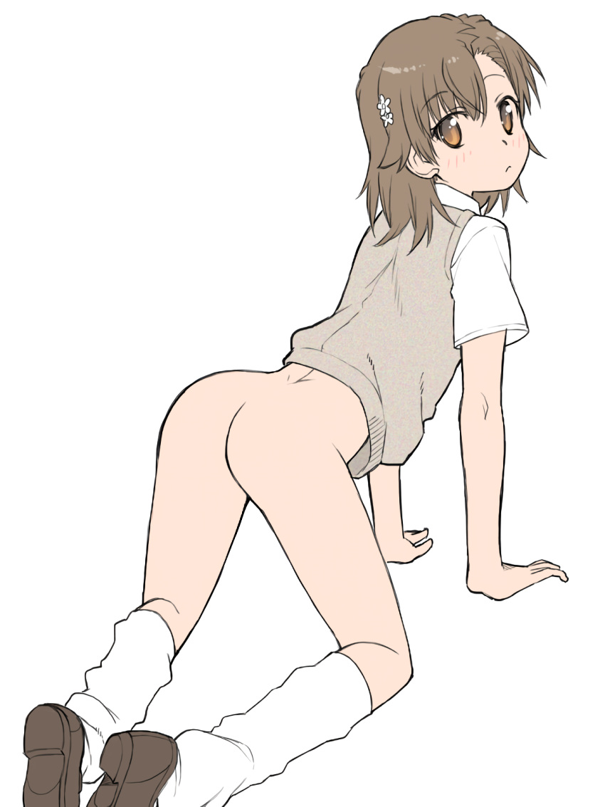 1girls 2020s 2022 :< ass bare_ass bare_thighs blush bottomless brown_eyes brown_hair brown_loafers female full_body hair_flower hair_ornament hi_res kikumaru_bunta kneehighs loafers loose_socks matching_hair/eyes misaka_mikoto no_panties no_underwear school_uniform schoolgirl short_hair skirt_removed socks solo teenage_girl teenager thighs to_aru_kagaku_no_railgun to_aru_majutsu_no_index tokiwadai_school_uniform white_background white_socks young