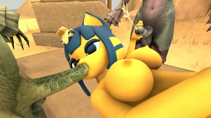 3d 3d_(artwork) 3d_model animal_crossing ankha ankha_(animal_crossing) ankha_(hazeker) blowjob breasts cum cumming doubutsu_no_mori handjob hazeker huge_cock monster nairu_(doubutsu_no_mori) nintendo sfm threesome