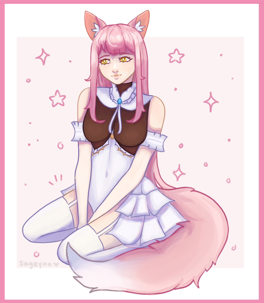 1girl animal_ears bangs bare_shoulders blue_eyes border borrowed_character breasts diagonal_stripes dog_ears dog_girl dress female fox_ears fox_tail garter_straps large_breasts long_hair looking_at_viewer pink_hair sitting smile solo star_(symbol) striped striped_background striped_legwear tail thighhighs v_arms vertical_stripes virtual_youtuber vyugen wolf_ears wolf_tail yellow_eyes yuniiho_(character)