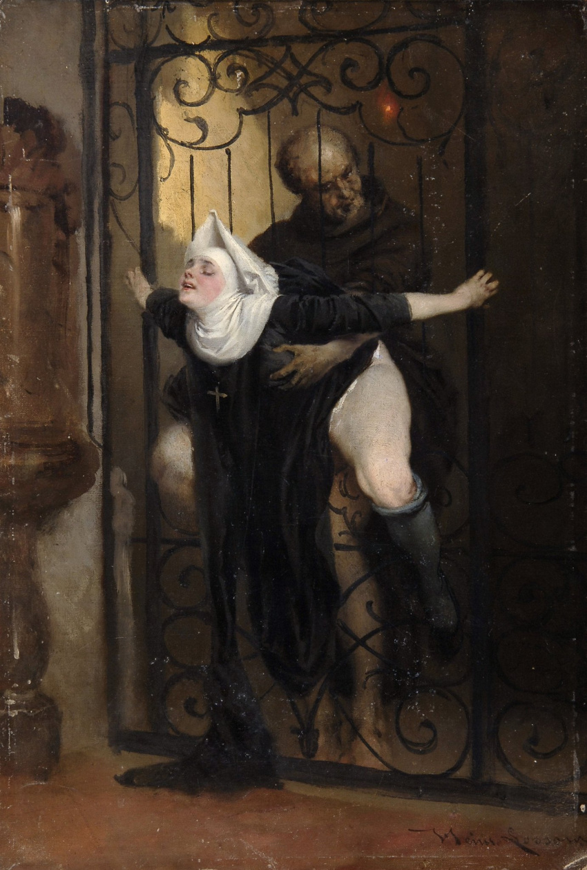 1boy 1boy1girl 1girls ass breast_grab christianity closed_eyes coif female fine_art gate habit heinrich_lossow highres male male/female nun priest public_domain sex straight the_sin the_sin_(heinrich_lossow) thick_thighs thighs