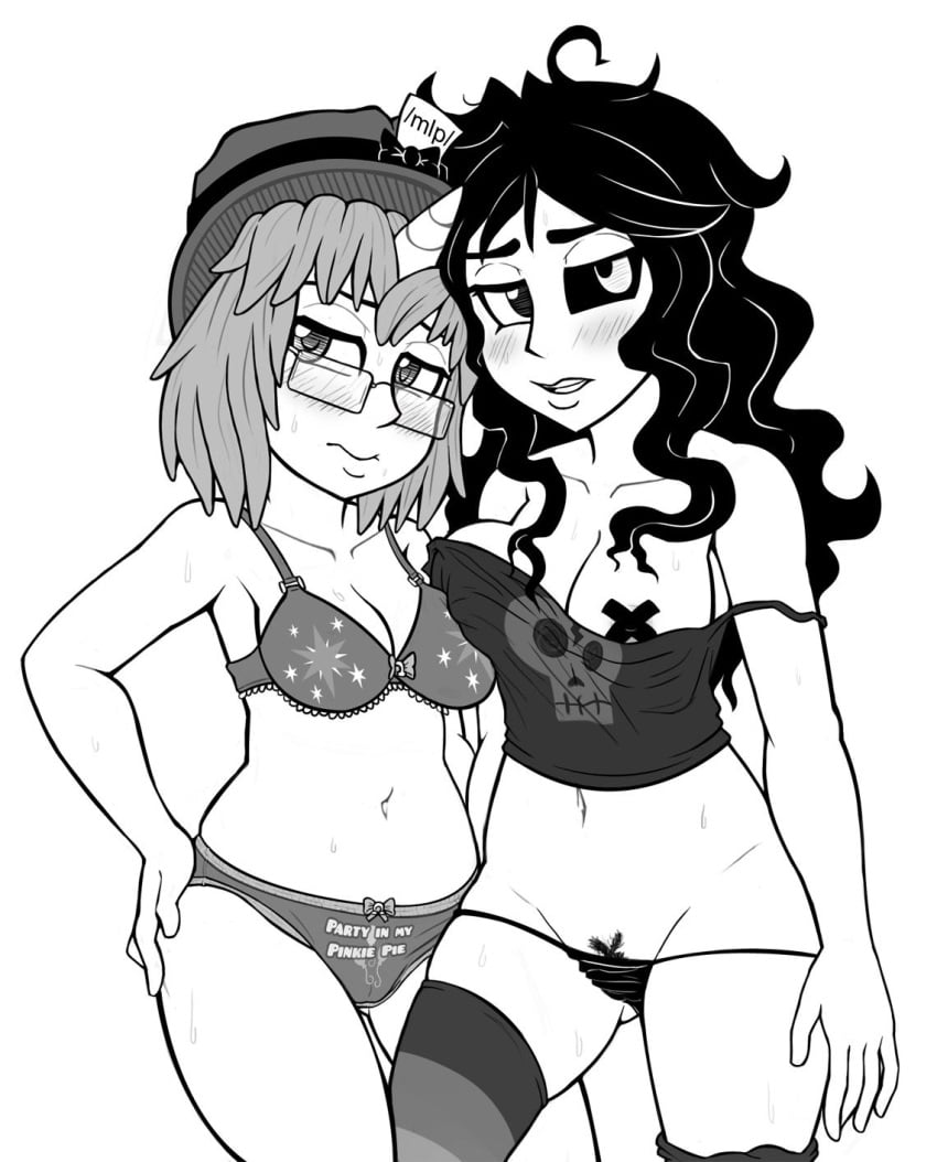 2girls 4chan alternate_version_available belly_button black_hair black_sclera blush blush_lines blushing board-tan bow breasts_pressed_together brony fedora female female_focus female_only glasses goth_girl grayscale hand_on_hip heterochromia human_only long_hair long_socks messy mlp-tan monochrome mostly_clothed no_color padded_bra pasties personification pulled_panties shaped_pubic_hair short_hair skeleton skull_shirt skull_symbol socks sweating sweaty unicorn_horn x-tan x_pasties