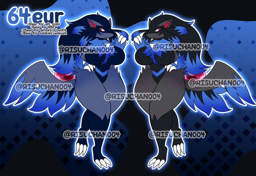 adoptable anthro big_breasts black_fur black_hair blue_fur blue_hair breasts claws female grey_fur long_hair lucario pokemon pokemon_(species) red_eyes risuchan004 tagme zoroark