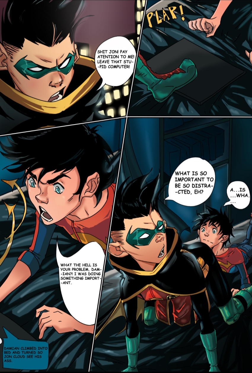 2boys battle_of_the_supersons damian_wayne dc dc_comics gay imminent_rimming imminent_sex jon-el jonathan_kent male male/male male_only robin_(damian_wayne) robin_(dc) summumee superboy superboy_(jonathan_kent) supersons