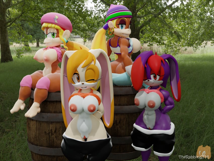 3d_(artwork) absurd_res anthro ass_cleavage barrel bedroom_eyes big_breasts blender_(software) blender_cycles blonde_hair breasts brown_body butt_crack clothed clothing cream_the_rabbit darcy_the_rabbit_(therabbitsnsfw) demon_rabbit digital_media_(artwork) dixie_kong donkey_kong_(series) ear_piercing ear_ring fan_character female fur genitals green_eyes group group_nudity group_photo hair haplorhine hat headgear headwear hi_res hoop_ear_ring huge_thighs kong lagomorph leporid long_hair looking_at_viewer mammal monkey narrowed_eyes nintendo nipples nude orange_hair outdoor_nudity outside piercing primate purple_body purple_fur rabbit red_body red_fur red_hair ring_piercing seductive sega smile smiling_at_viewer sonic_(series) sonic_the_hedgehog_(series) tan_body tan_fur teeth therabbitsnsfw thick_thighs tiny_kong topwear white_body white_fur