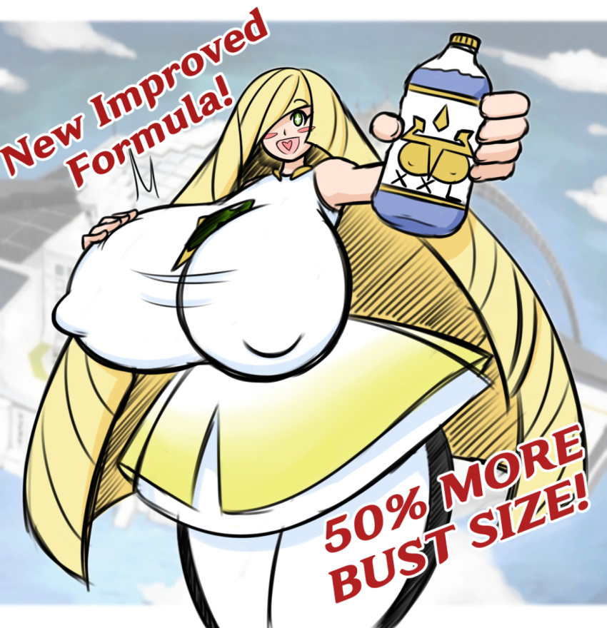 alternate_breast_size bimbo blonde_hair breasts gigantic_breasts highres huge_breasts hyper hyper_breasts large_breasts lusamine_(pokemon) milf nipples pokemon pokemon_(game) tagme thesanstorm