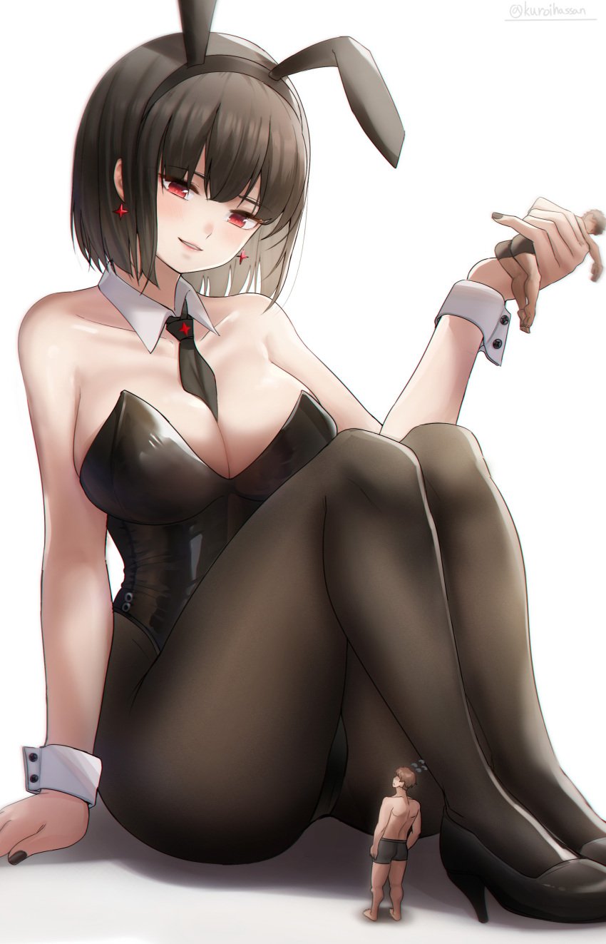 1girls 2boys bunny_girl bunnysuit giantess heels kuroihassan legs macro pantyhose red_eyes size_difference smaller_male