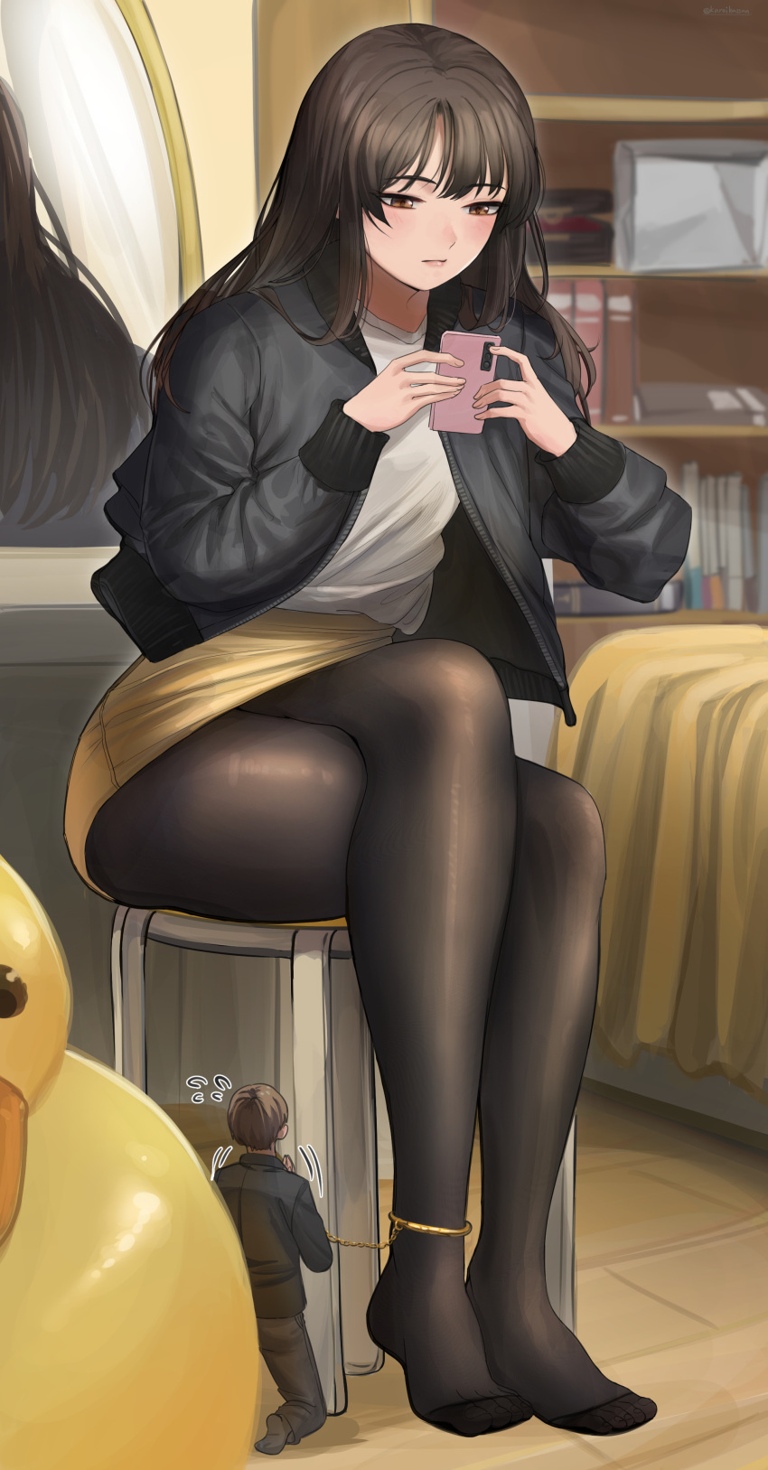 1boy 1girls bedroom brown_hair chair crossed_legs cuffs feet female giantess kuroihassan macro male pantyhose pencil_skirt phone size_difference skirt smaller_male smartphone yellow_skirt