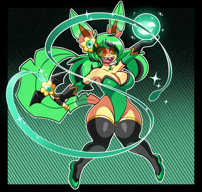 2023 anthro big_breasts black_clothing black_hair black_legwear black_stockings breasts clothing eeveelution energy energy_ball eyelashes female footwear fur generation_4_pokemon green_eyes green_hair hair heterochromia hi_res leafeon legwear looking_at_viewer magical_girl_outfit magical_girl_wand mintyspirit multicolored_hair nintendo open_mouth orb pink_eyes pokemon pokemon_(species) shark_teeth shark_tooth shoes smile solo stockings sunnyleafeon_(mintyspirit) twintails whip yellow_body yellow_fur