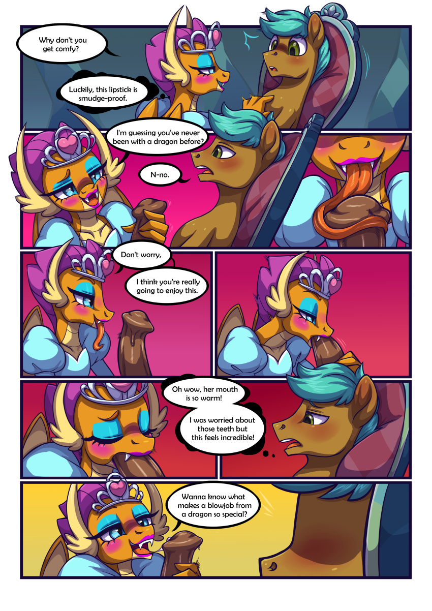 absurd_res beverage blush clothing comic crown dragon dress equid equine eyeshadow fan_character friendship_is_magic genitals hasbro headgear hi_res horse horsecock invalid_tag makeup mammal my_little_pony penis pony smolder_(mlp) tea text tiara