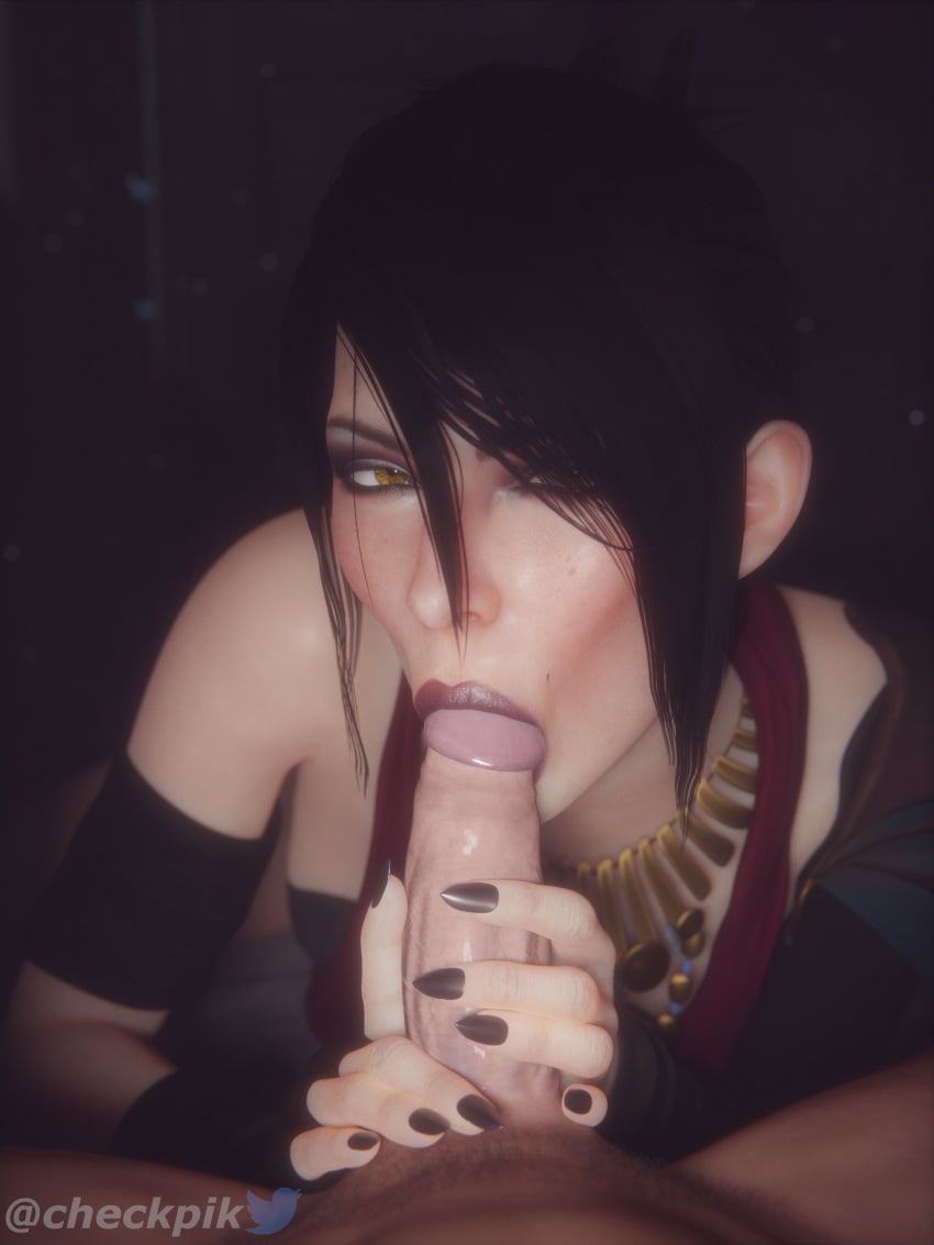 1boy 1girls 3d :>= bioware black_hair blowjob checkpik dragon_age dragon_age_inquisition electronic_arts eye_contact fellatio female light-skinned_female male morrigan_(dragon_age) oral penis penis_in_mouth unseen_male_face vacuum_fellatio yellow_eyes