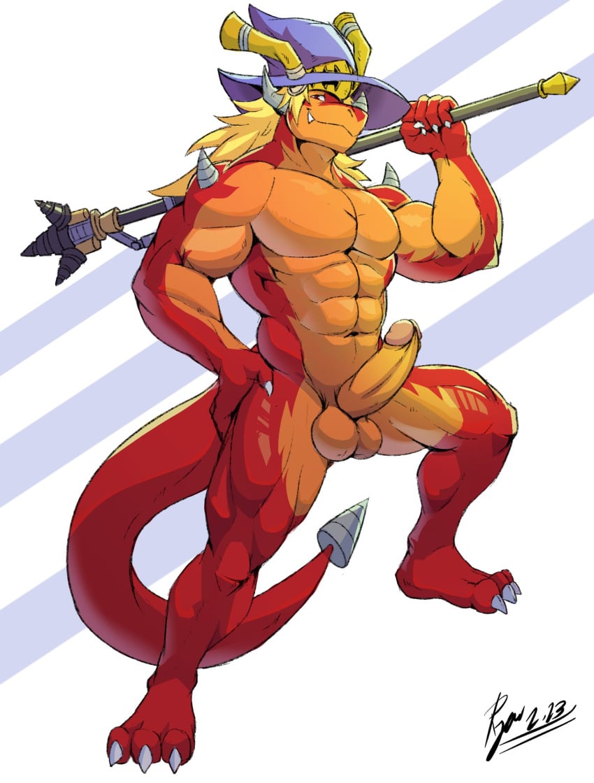 abs anthro balls bushiroad claws dragon drum_bunker_dragon future_card_buddyfight genitals hi_res lofnirv male muscular muscular_anthro muscular_male orange_body pecs penis red_body solo solo_male tail