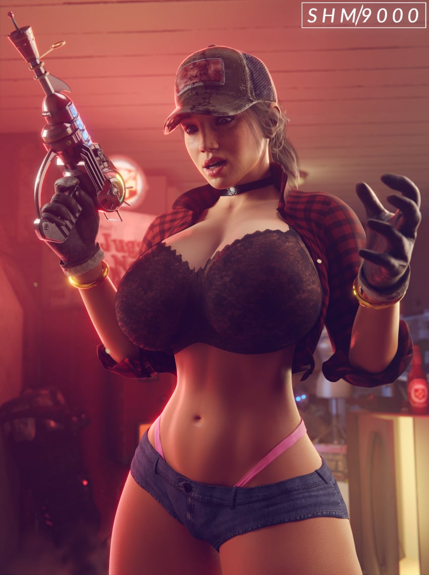 1girls 3d abigail_briarton big_breasts black_bra bra breasts brown_hair call_of_duty call_of_duty_black_ops_2 call_of_duty_zombies curvaceous curvy female female_only hat highres holding_gun holding_object holding_weapon hourglass_figure huge_breasts large_breasts misty_(cod-bops-2) panties ray_gun short_shorts superhentaimaster9000 thong voluptuous wide_hips