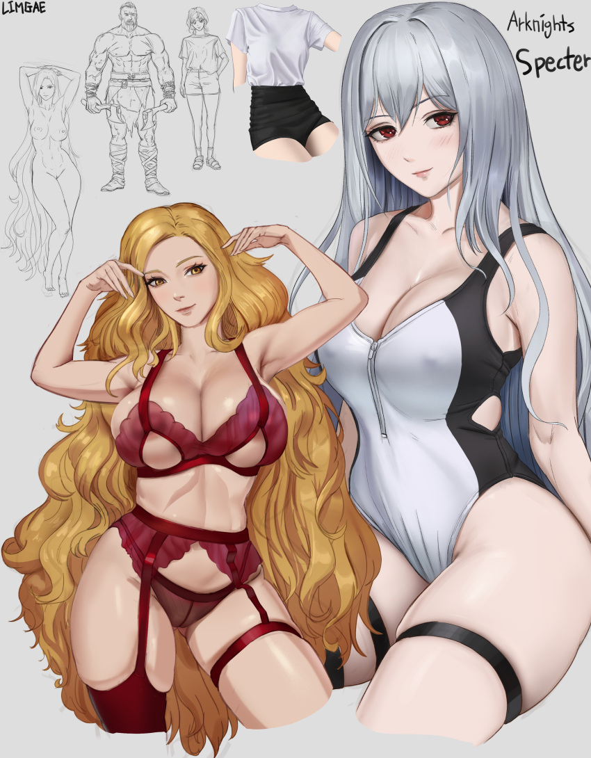 abs absurd_res absurdres arknights arms_up blonde_hair breasts doodle erect_nipples erect_nipples_under_clothes female female_only full_body hi_res high_resolution highres limgae lingerie looking_at_viewer multiple_girls muscular muscular_male nipples red_bra red_eyes red_lingerie red_panties red_underwear see-through see-through_clothing silver_hair sketch smile specter_(arknights) underwear white_hair yellow_eyes