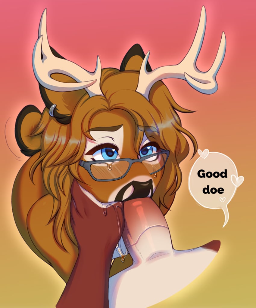 anthro antlers black_nose blue_eyes bodily_fluids brown_body brown_fur brown_hair capreoline deer dominant dominant_male dominant_pov duo ear_piercing ear_ring ewan_j._redding eyewear fellatio first_person_view fur genitals girly glasses hair heart hi_res horn humanoid_genitalia humanoid_penis kneeling kneeling_oral_position long_hair looking_up_at_partner male male/male mammal multicolored_body multicolored_fur oral penile penis piercing red_body red_fur ring_piercing saliva saliva_on_penis sex spr-out submissive submissive_male tears tears_of_pleasure text thumb_in_mouth two_tone_body two_tone_fur white-tailed_deer white_body white_fur