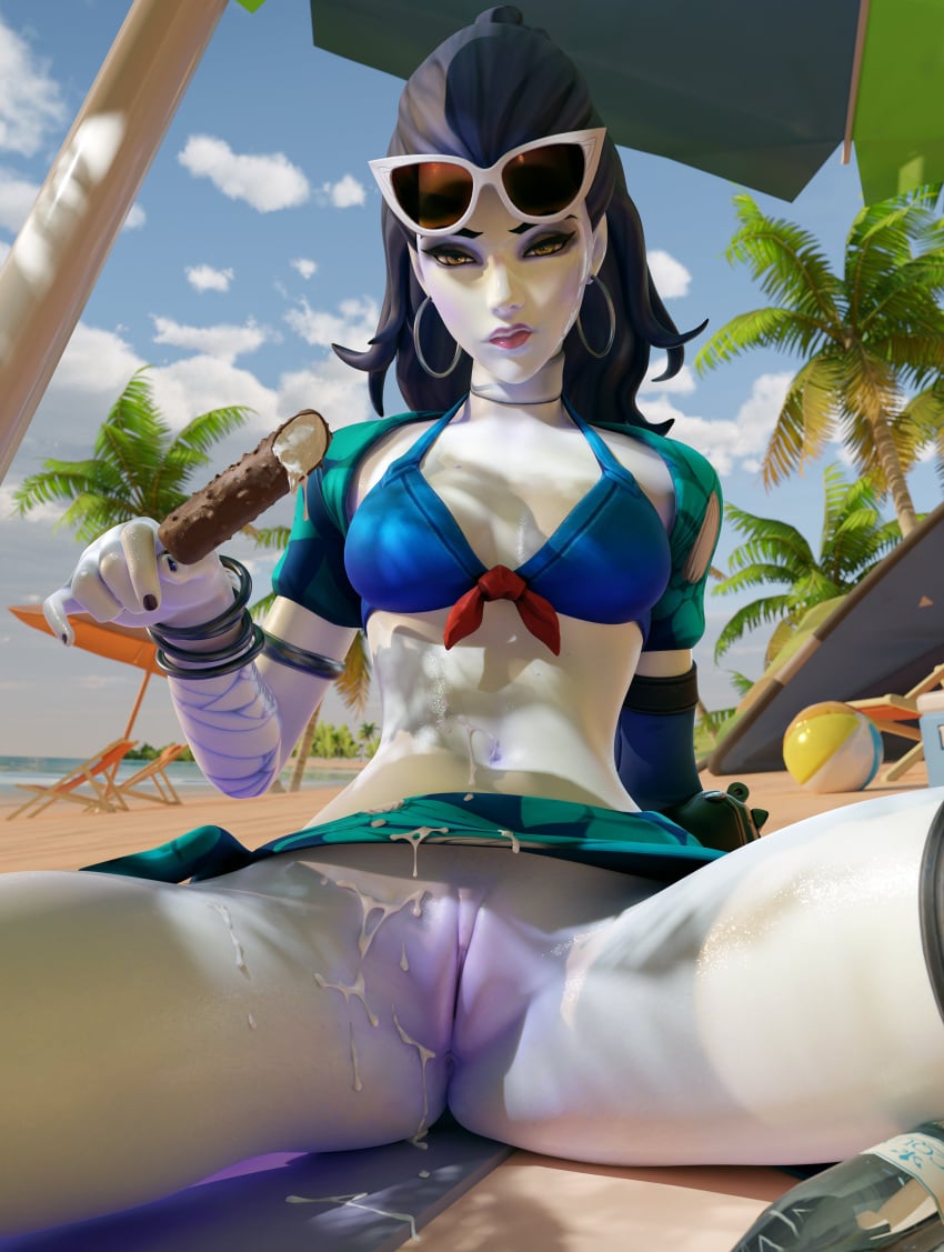 1girls 3d 3d_(artwork) amelie_lacroix beach beach_ball beach_towel beach_umbrella bikini bikini_top blender blender_(software) blizzard_entertainment breasts cote_d'azur_widowmaker cream european european_female female female_focus female_only french french_female ice_cream labia legs_held_open lips looking_at_viewer m71z30 navel no_panties open_legs outdoors outside overwatch ponytail pov pov_eye_contact presenting presenting_pussy public public_nudity purple_hair purple_skin pussy pussy_lips sand small_breasts spread_pussy tied_hair vagina very_long_hair wet wet_skin widowmaker yellow_eyes