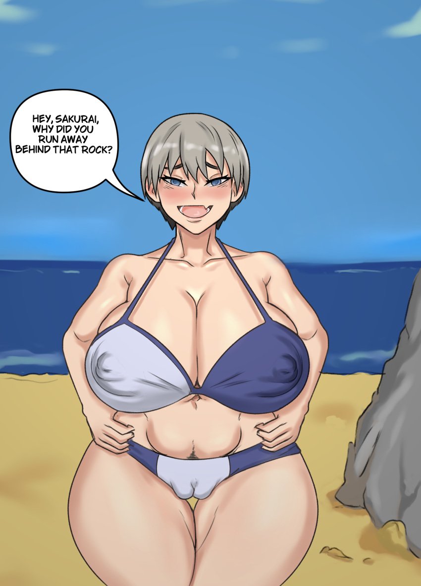 1girls alternate_body_type belly blue_eyes breasts english_text huge_breasts huge_nipples pubic_hair pussy soks(artist) swimsuit thick_thighs uzaki-chan_wa_asobitai! uzaki_hana venus_body