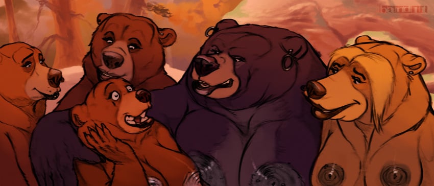 absurd_res anthro areola band1tnsfw bear big_areola big_nipples brother_bear digital_media_(artwork) disney ear_piercing ear_ring eyelashes female female_anthro female_focus female_only forest forest_background group group_picture hi_res kenai_(brother_bear) large_breasts lips long_eyelashes looking_at_another mammal nature nature_background nipples nude nude_anthro overweight overweight_anthro piercing plant portrait ring_piercing rule_63 thick_lips thick_thighs tree tug_(brother_bear)