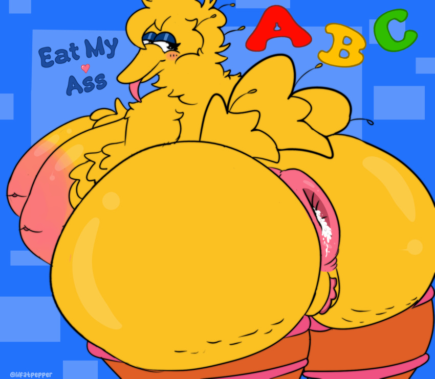 anthro anus ass avian big_bird big_breasts big_butt bird bodily_fluids breasts cum cum_drip cum_in_ass cum_inside cumshot dripping ejaculation female genital_fluids hi_res lilfatpepper puffy_anus sesame_street solo thick_thighs