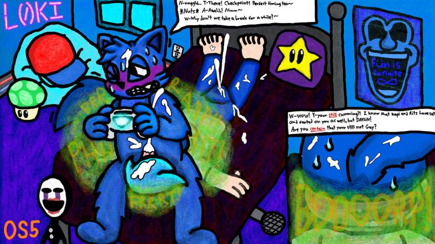 2boys anthro background black_bed blue_body blue_ears blue_fur blue_hair blue_pants blush boyfriend_(friday_night_funkin) bulge bulge_through_clothing bushy_tail cock colored_sketch controller cum cum_on_clothes cum_on_clothing cumshot detailed_background dick dog_ears dog_tail drool drooling erection facesitting fart fart_cloud fart_fetish farting farting_in_face feet feet_up fetish friday_night_funkin friday_night_funkin_mod furry gay human loki_(moloki52) male/male male_only mammal mostly_clothed neon_lights neon_sign nude orangeskunk5 penis pillow pillows poster red_shoes teeth_clenched text text_box white_shirt window