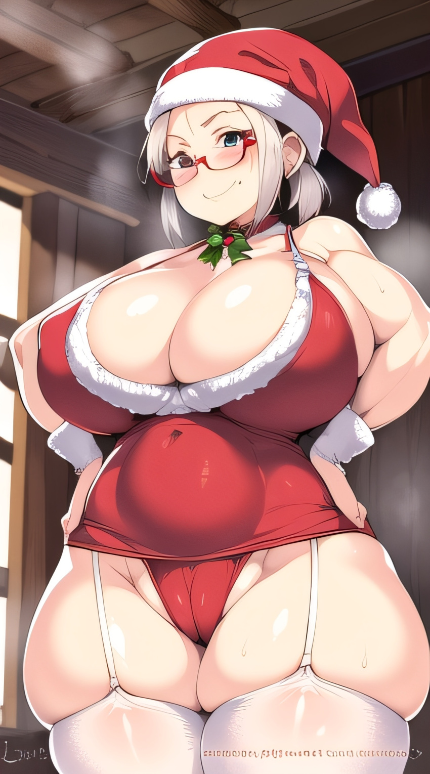 1girls ai_generated big_ass big_breasts big_butt cameltoe christmas christmas_hat christmas_outfit cleavage digital_media_(artwork) glasses hands_on_hips huge_ass human mrs._claus musk older_female red_outfit red_shirt smirk smirking smug smug_face steam thick_thighs thigh_squish white_hair wide_hips