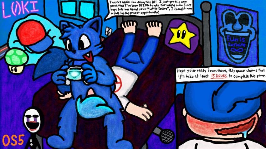 2boys anthro background barefoot black_bed blue_body blue_ears blue_fur blue_hair blue_pants blush boyfriend_(friday_night_funkin) bulge bulge_through_clothing bushy_tail cock colored_sketch controller detailed_background dick dog_ears dog_tail drool drooling erection facesitting feet feet_up fetish friday_night_funkin friday_night_funkin_mod furry gay human loki_(moloki52) male/male male_feet male_only mammal mostly_clothed neon_lights neon_sign nude orangeskunk5 penis pillow pillows poster red_shoes text text_box white_shirt window