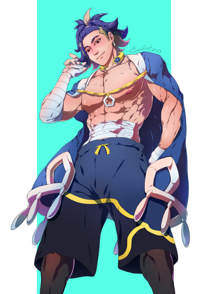 abs adaman_(pokemon) asian asian_male big_penis east_asian east_asian_male embarrassed evinist male male_only muscles muscular muscular_male open_coat pecs pokemon pokemon_legends:_arceus shirtless_male shy smooth_chest smooth_skin thick_thighs