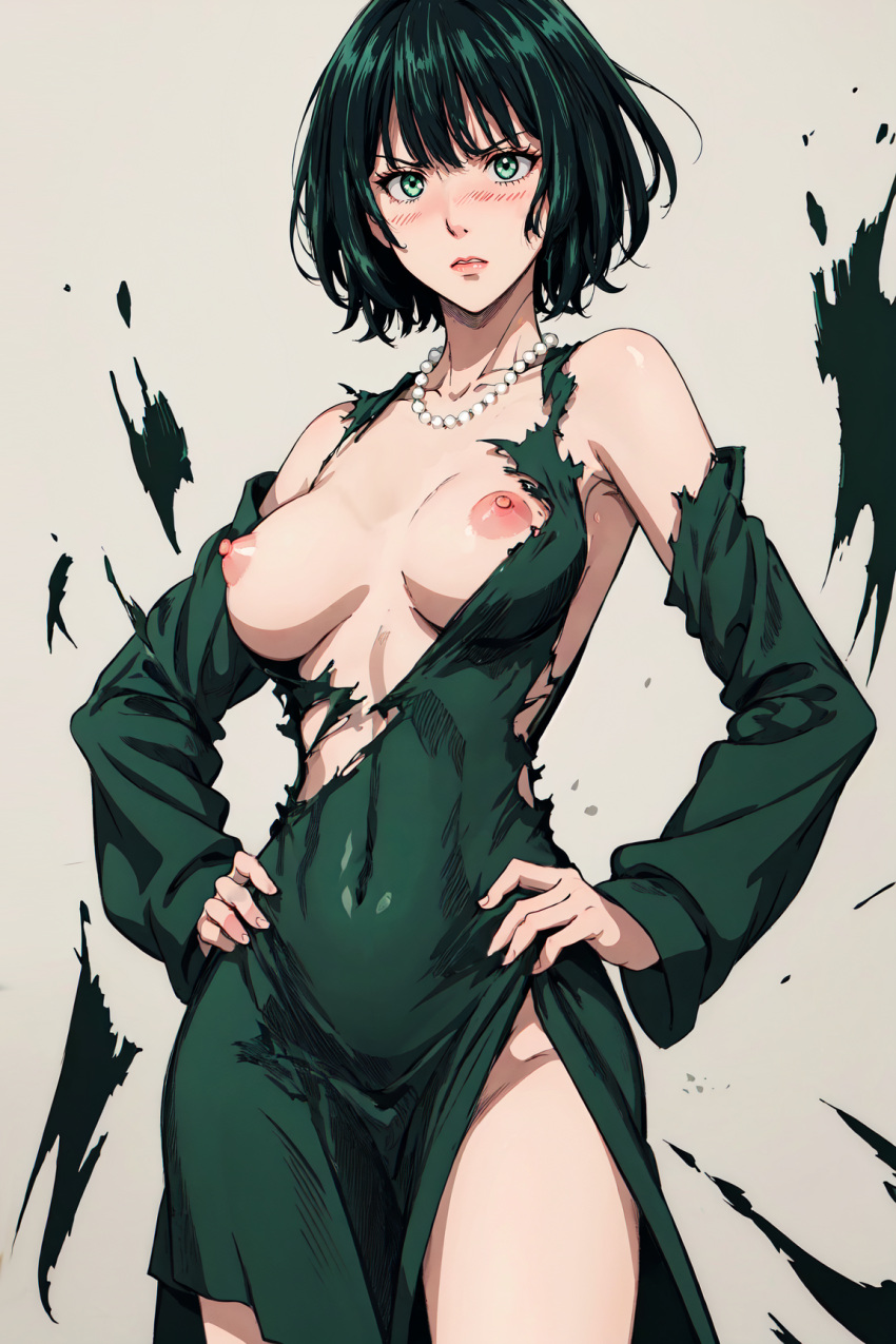 ai_generated blush dress embarrassed exposed_breasts fubuki_(one-punch_man) green_dress green_hair hands_on_hips medium_breasts one-punch_man short_hair torn_clothes