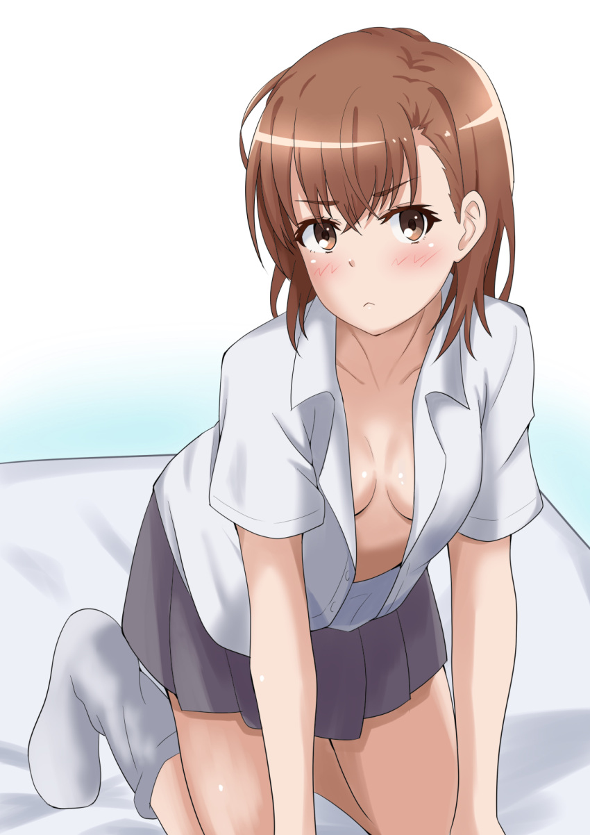 1girls 2020s 2023 :< all_fours bare_thighs blush breasts brown_eyes brown_hair brunette collarbone down_blouse female hi_res looking_at_viewer matching_hair/eyes misaka_mikoto no_bra on_bed open_clothes open_shirt school_uniform schoolgirl shirt short_hair sideboob small_breasts solo tabu teenage_girl teenager thighs to_aru_kagaku_no_railgun to_aru_majutsu_no_index young