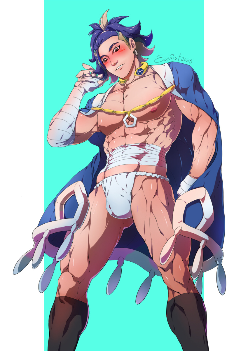 abs adaman_(pokemon) asian asian_male big_bulge big_penis bulge east_asian east_asian_male embarrassed evinist huge_bulge male male_only muscles muscular muscular_male open_coat pecs pokemon pokemon_legends:_arceus shirtless_male shy smooth_chest smooth_skin thick_thighs