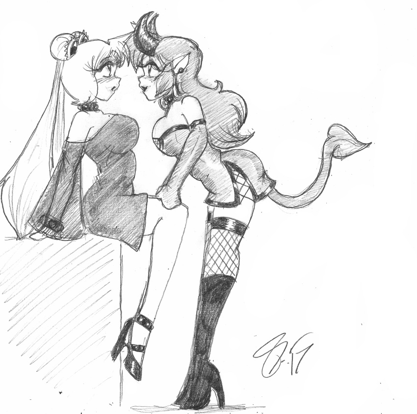 2girls bishoujo_senshi_sailor_moon clothing corruption crossover demon demon_girl demon_horns demon_tail demon_wings drawn dress enemy_conversion escafa female female_only fully_clothed large_ass large_breasts medium_breasts mid-transformation monochrome multiple_girls personality_change ranma-chan ranma_1/2 ranma_saotome sailor_moon sketch stockings succubus transformation usagi_tsukino