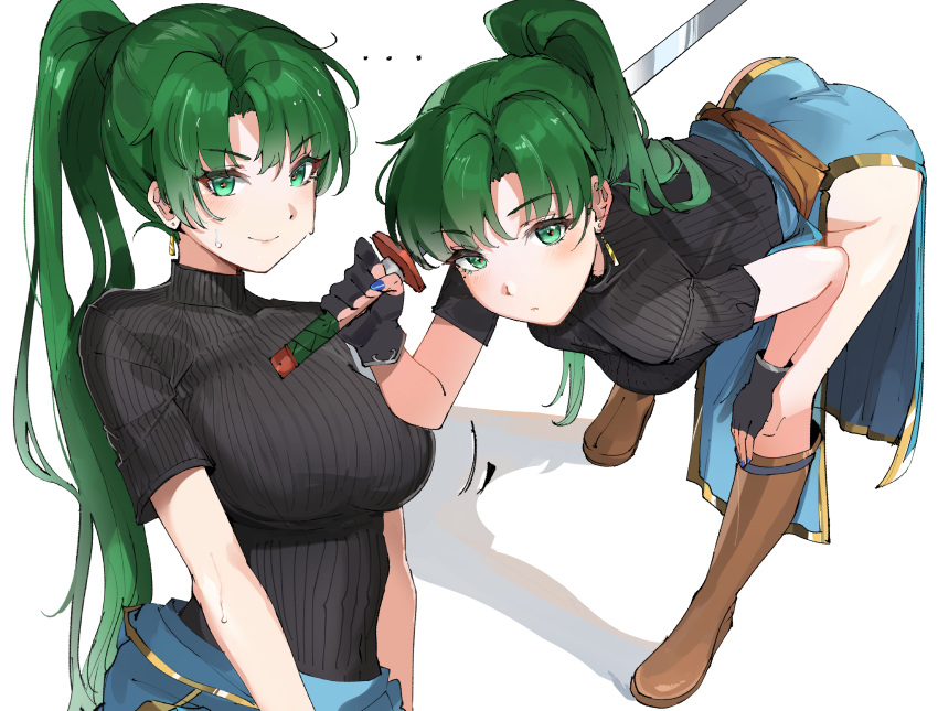 ... 1girls absurdres adapted_costume ass blush breasts commentary earrings female female female_only fingerless_gloves fire_emblem fire_emblem:_the_blazing_blade gloves green_eyes green_hair high_ponytail highres holding holding_sword holding_weapon jewelry large_breasts long_hair looking_at_viewer lyn_(fire_emblem) nintendo ormille ponytail simple_background smile solo sword very_long_hair weapon white_background