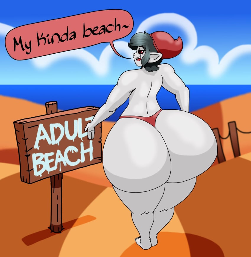 1boy adult_beach beach benny_(bestbussyboi69) big_ass big_butt dialogue english_dialogue femboy fence grey_skin hat huge_ass huge_butt male_only nitwittwit ocean pointy_ears red_hat sand sign solo_male thong wide_hips