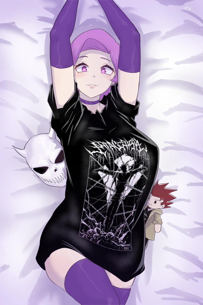 1girls antagonista big_breasts blush dakimakura female goth goth_girl hito_clover metal_head nipples pink_eyes pink_hair purple_panties pussy saikomic short_hair tania_(antagonista)