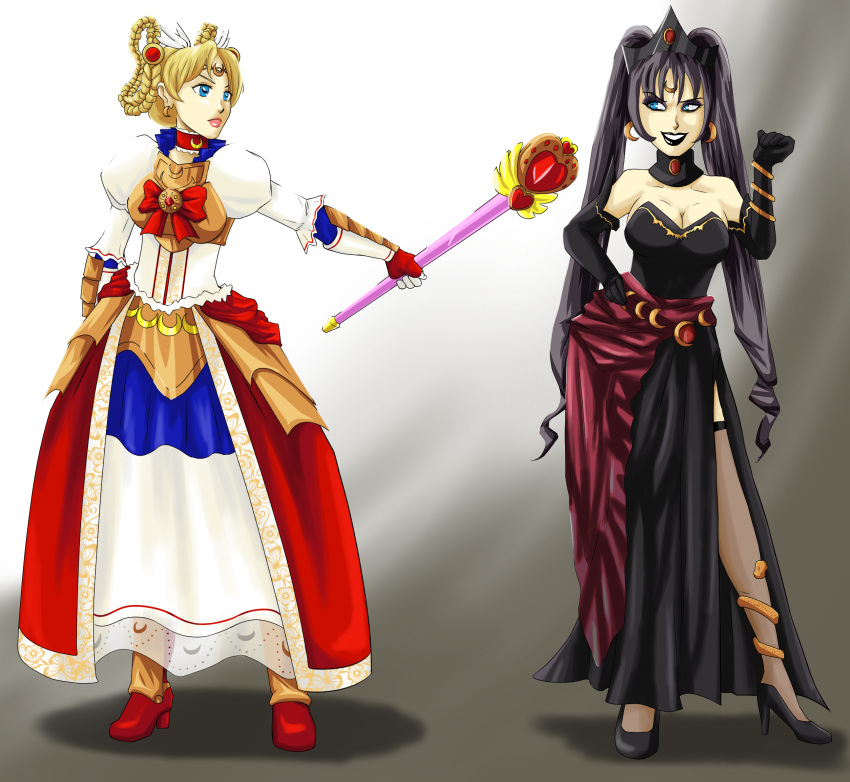 2girls bishoujo_senshi_sailor_moon cleavage clothing corruption dark_persona dress enemy_conversion female female_only fieryjinx high_heels large_breasts sailor_moon side_slit stockings tagme usagi_tsukino