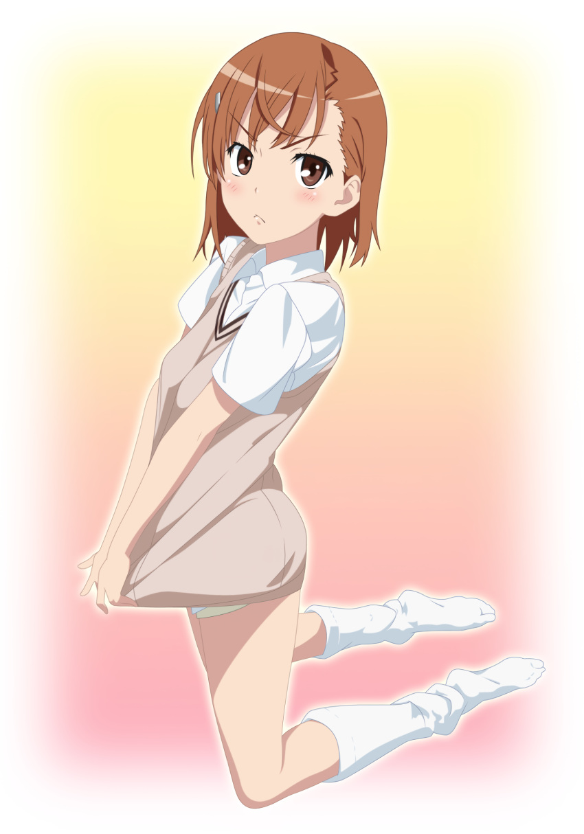 10s 1girls 2012 :< bare_thighs blush brown_eyes brown_hair female frown full_body hair_ornament hairpin hi_res kneehighs kneeling long_legs looking_at_viewer loose_socks matching_hair/eyes misaka_mikoto mostly_clothed no_skirt school_uniform schoolgirl shirt_tug short_hair shorts skirt_removed smile_(rz) socks solo sweater_vest teenage_girl teenager thighs to_aru_kagaku_no_railgun to_aru_majutsu_no_index tokiwadai_school_uniform white_socks young