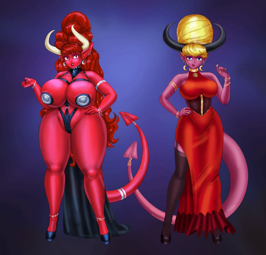 2demons 2girls beehive_hairdo big_hair bishoujo_senshi_sailor_moon bondage bouffant_hair clothing corruption crossover demon demon_girl demon_horns demon_tail dress enemy_conversion female female_only garter_straps high_heels huge_ass huge_breasts implied_transformation large_breasts leash lingerie multiple_girls navel navel_piercing ranma-chan ranma_1/2 ranma_saotome red_skin saturnxart succubus teased_hair thick_lips thick_thighs transformation updo usagi_tsukino wide_hips