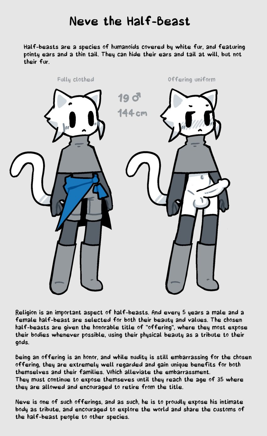 2023 adorable annoyed anthro balls belly_button blush blush_lines boots bottomless bottomless_male casual casual_bottomless casual_exposure casual_nudity cat_ears cat_tail character_sheet circumcised cloak clothed consensual cute diagram embarrassed embarrassed_male embarrassed_nude_male english_text erect_penis erection furry furry_only gloves half-beast humanoid large_penis leggings looking_away looking_down lore male male_focus male_only male_symbol mostly_nude naked naked_male navel nekuzx neve_(nekuzx) no_color non-sexual_nudity nonsexual_nudity nude nude_male nudity o///o oc oc_sheet original_character partially_clothed penis pointless_censoring pose religious_clothing shaved_crotch shorts shorts_removed simple_background solo solo_focus solo_male tail teenager text toony white_fur wholesome