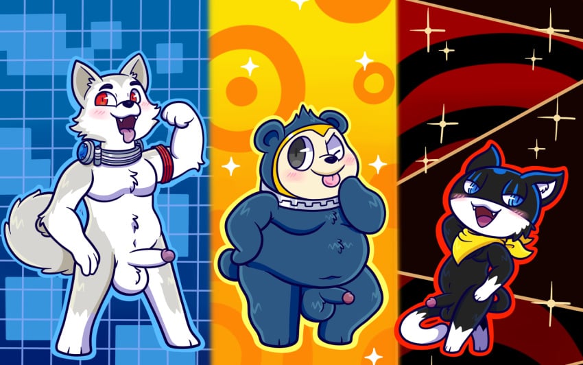 anthro atlus balls bear canid canine canis domestic_cat domestic_dog felid feline felis genitals group koromaru koromaru_(megami_tensei) male mammal megami_tensei megami_tensei_persona moobs morgana_(persona) overweight overweight_male penis sega shiba_inu sinribbons size_difference skinny skinny_male smaller_male spitz teddie_(persona) trio