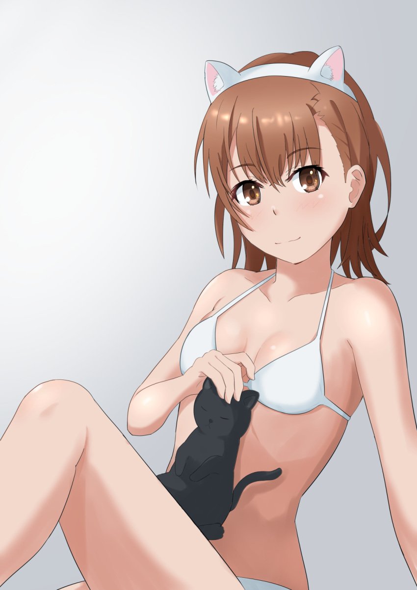 1girls 2020s 2023 :) bare_legs bare_shoulders bikini breasts brown_eyes brown_hair brunette cat_ears collarbone feline female hi_res later_(to_aru) looking_at_viewer matching_hair/eyes misaka_mikoto short_hair sitting small_breasts smile solo swimsuit tabu teenage_girl teenager to_aru_kagaku_no_railgun to_aru_majutsu_no_index white_bikini white_swimsuit young