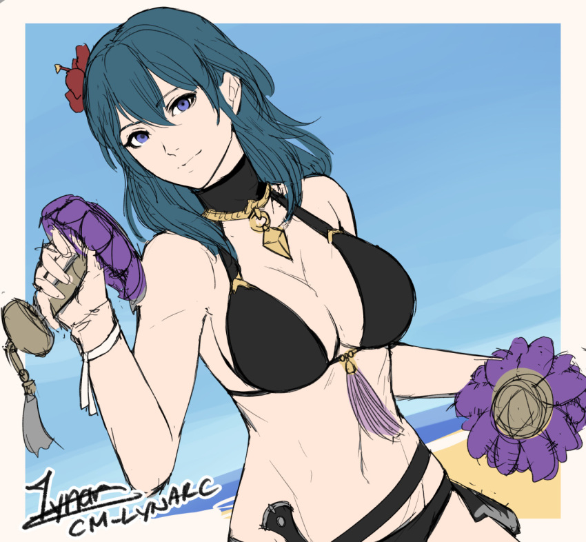 1girls alternate_costume bare_arms bare_shoulders bikini black_bikini black_choker black_swimsuit blue_eyes blue_hair blue_sky border breasts byleth_(female)_(summer)_(fire_emblem) byleth_(fire_emblem) byleth_(fire_emblem)_(female) choker cleavage cm_lynarc commentary day female female_only fire_emblem fire_emblem:_three_houses fire_emblem_heroes flower grey_border hair_flower hair_ornament hand_up holding long_hair looking_at_viewer navel nintendo official_alternate_costume outside_border red_flower sketch sky smile solo stomach swimsuit teal_hair upper_body