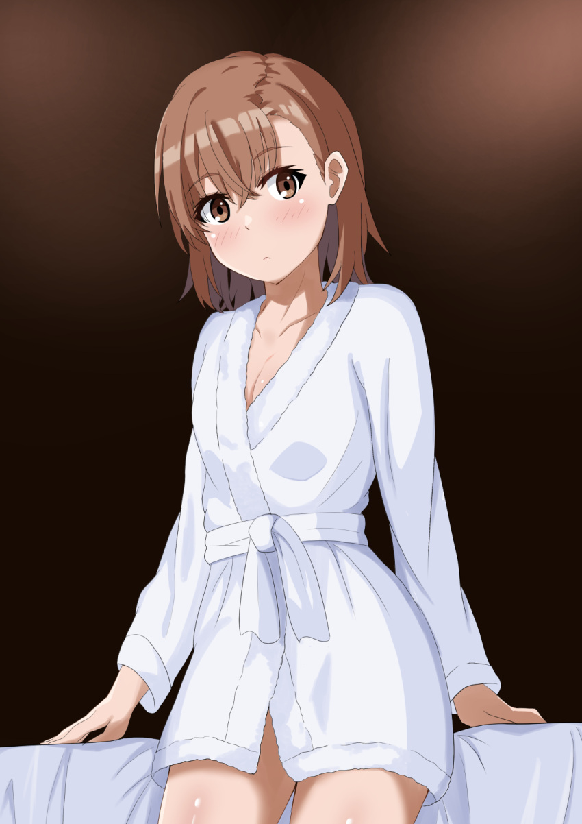 1girls 2020s 2023 :< bare_thighs bathrobe blush brown_eyes brown_hair cleavage collarbone female hi_res indoors matching_hair/eyes misaka_mikoto on_bed short_hair simple_background sitting sitting_on_bed solo tabu teenage_girl teenager thighs to_aru_kagaku_no_railgun to_aru_majutsu_no_index young