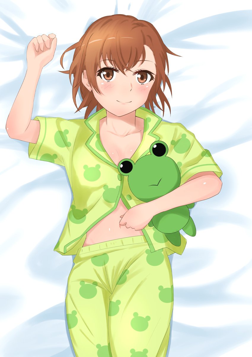 1girls 2020s 2022 :) bed_sheet blush brown_eyes brown_hair brunette cleavage collarbone female gekota gekota_pajamas hi_res looking_at_viewer matching_hair/eyes misaka_mikoto navel open_clothes open_shirt pajamas short_hair smile solo tabu teenage_girl teenager to_aru_kagaku_no_railgun to_aru_majutsu_no_index young