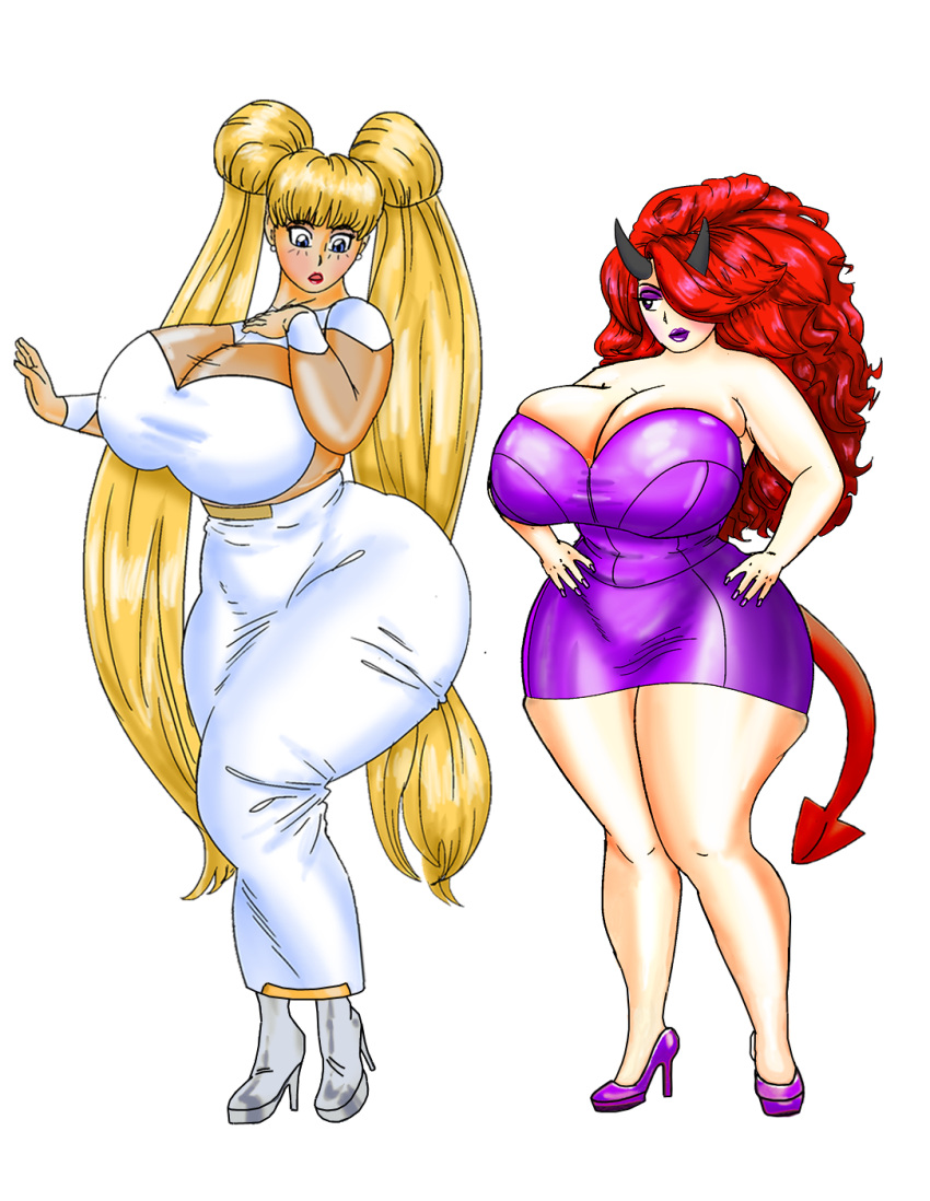 2girls bishoujo_senshi_sailor_moon bondage clothing corruption crossover demon demon_girl demon_horns demon_tail dress enemy_conversion female female_only high_heels huge_ass huge_breasts large_breasts lingerie multiple_girls navel ranma-chan ranma_1/2 ranma_saotome saturnxart succubus thick_lips thick_thighs transformation usagi_tsukino wide_hips