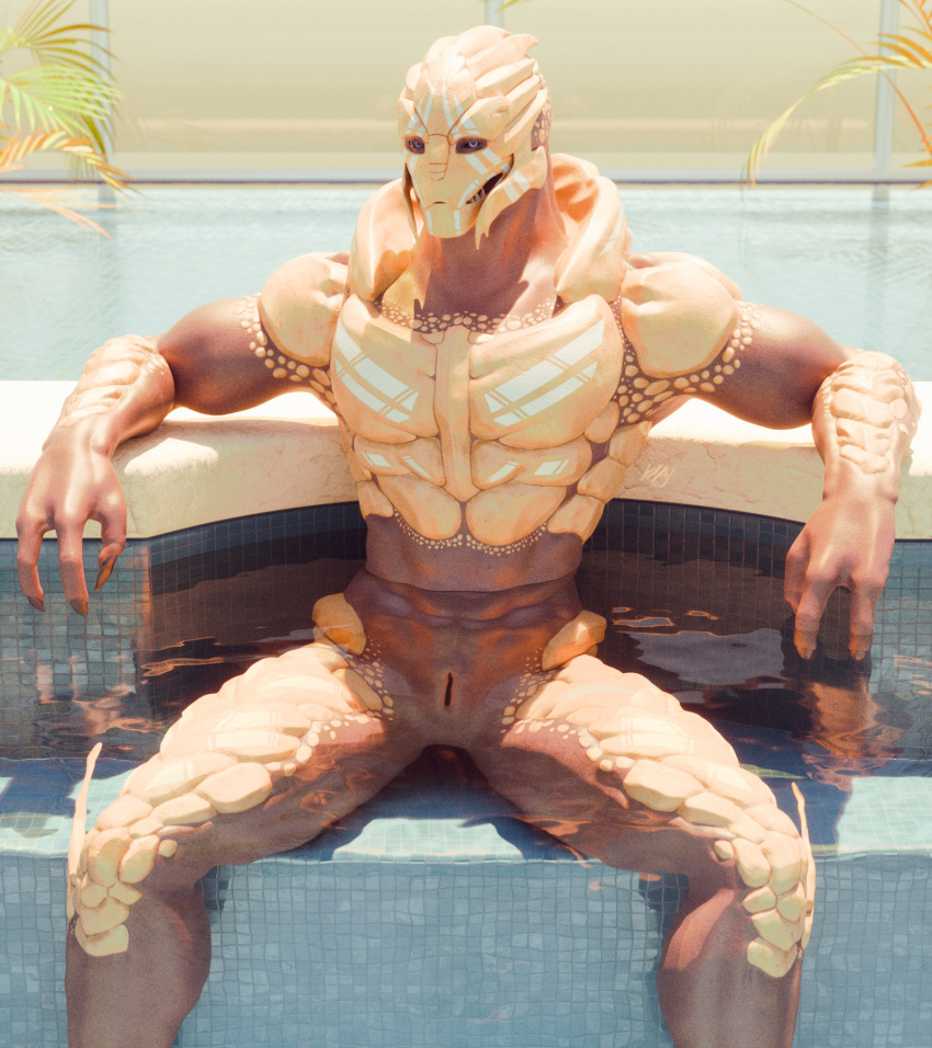 3_fingers 3d_(artwork) abs alien animal_genitalia biceps bodypaint digital_media_(artwork) face_paint fingers genital_slit genitals hi_res humanoid in_pool kagekave looking_at_viewer male mass_effect muscular muscular_male nude palm_frond pecs pool presenting_slit sitting slit solo spread_legs spread_slit spreading teeth turian water wet