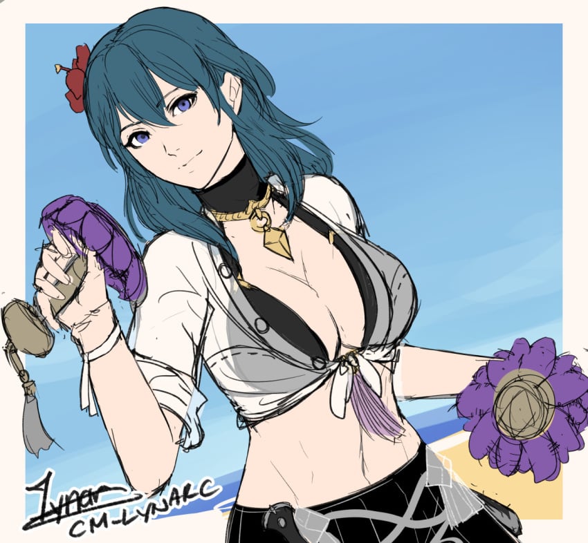 1girls alternate_costume bikini black_bikini black_choker black_swimsuit blue_eyes blue_hair blue_sky border breasts byleth_(female)_(summer)_(fire_emblem) byleth_(fire_emblem) byleth_(fire_emblem)_(female) choker cleavage cm_lynarc commentary crop_top day female female_only fire_emblem fire_emblem:_three_houses fire_emblem_heroes flower grey_border hair_flower hair_ornament hand_up holding long_hair looking_at_viewer midriff navel nintendo official_alternate_costume outside_border red_flower shirt short_sleeves sketch sky smile solo stomach swimsuit teal_hair upper_body white_shirt