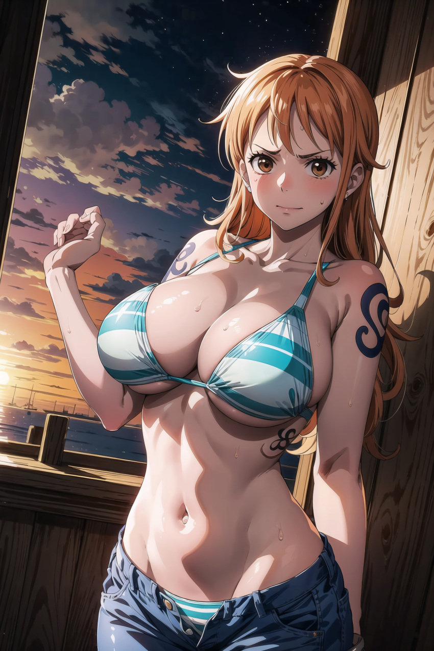 1girls ai_art_panwho ai_generated areolae bikini breasts female female_only hi_res huge_breasts jeans jordan53 large_areolae light-skinned_female light_skin long_hair massive_breasts nami nipples one_piece orange_hair post-timeskip stable_diffusion thick_thighs thighs voluptuous wide_hips